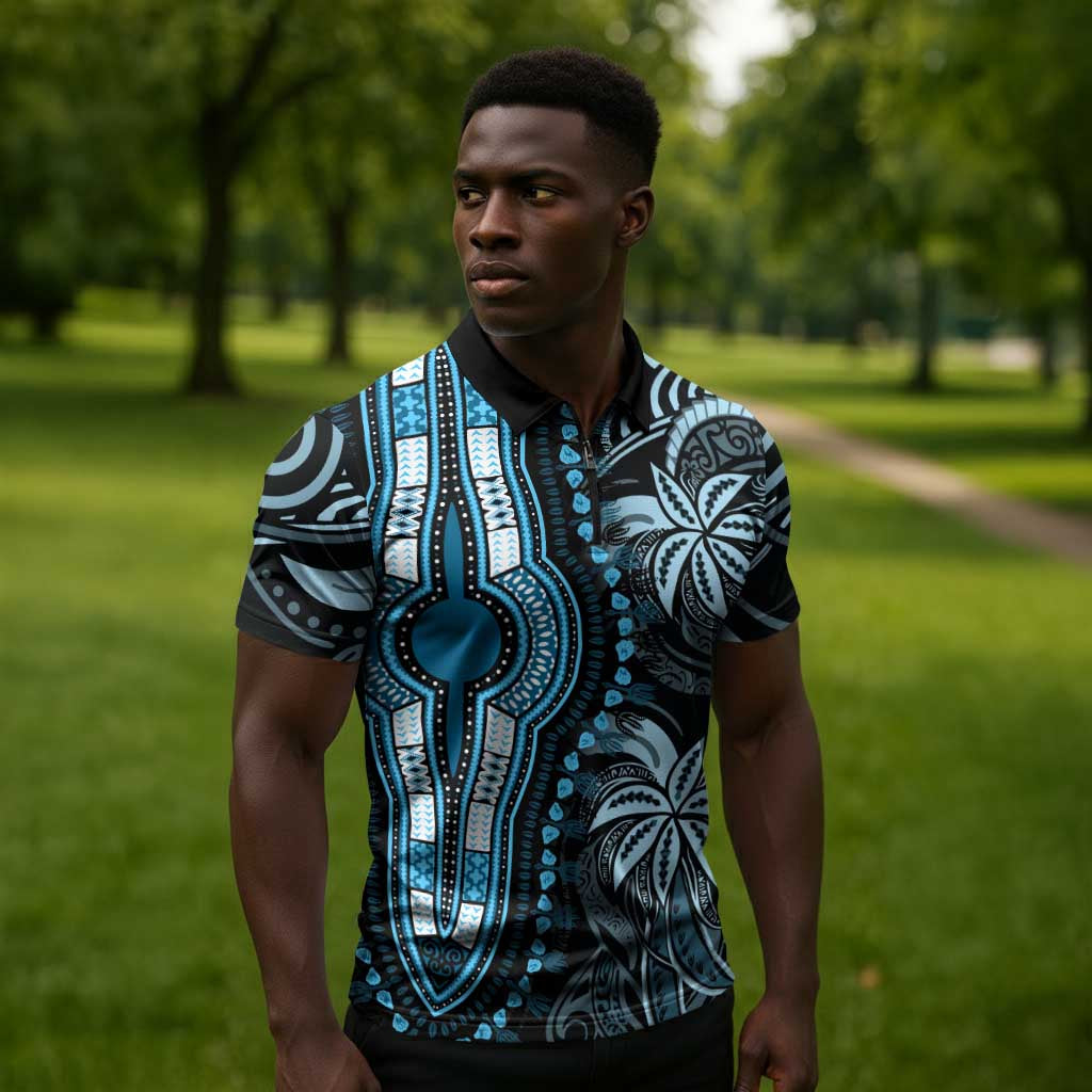 Polynesia Mixed African Dashiki Zipper Polo Shirt Afro-pacific Culture - Blue