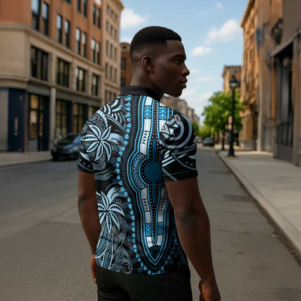 Polynesia Mixed African Dashiki Zipper Polo Shirt Afro-pacific Culture - Blue