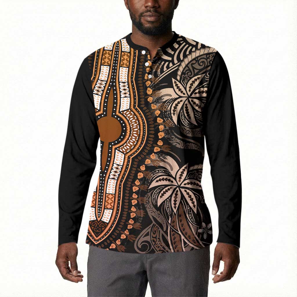 Polynesia Mixed African Dashiki Button Sweatshirt Afro-pacific Culture - Gold