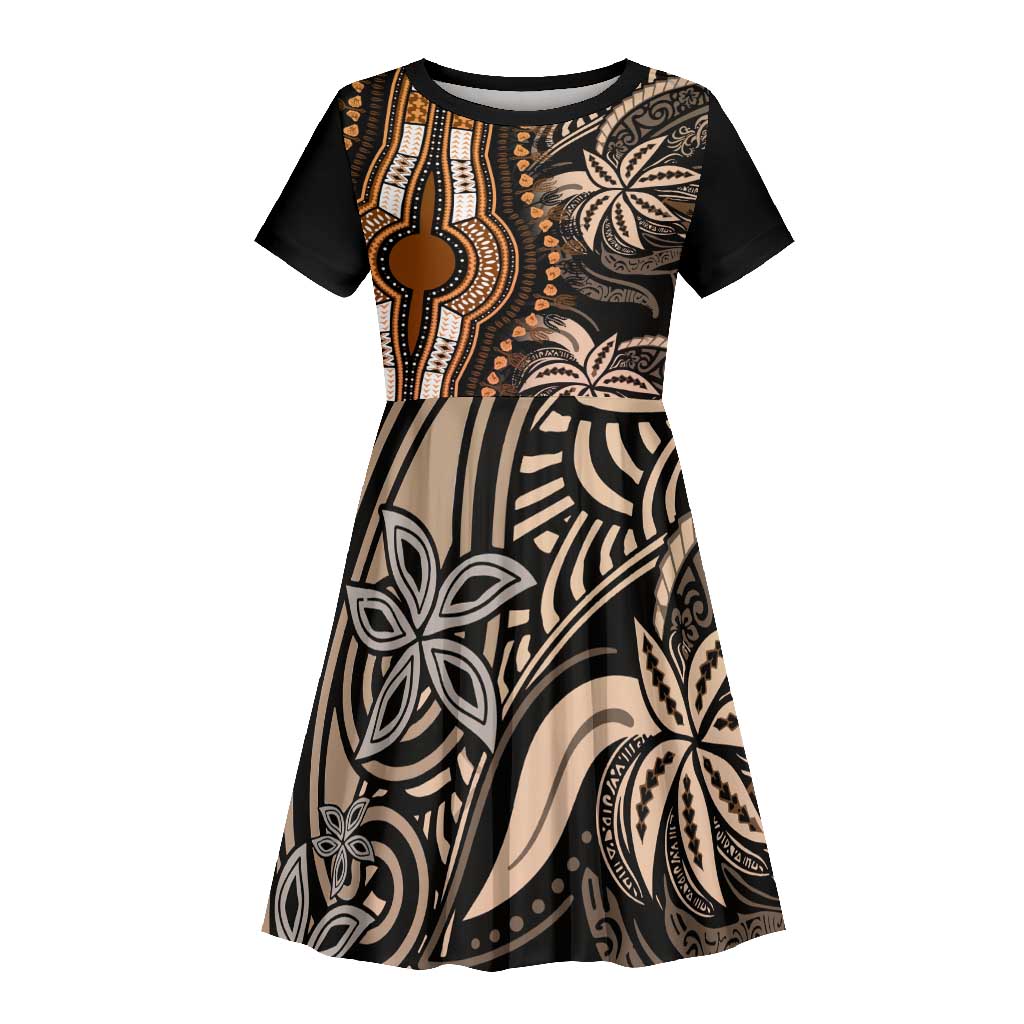 Polynesia Mixed African Dashiki Kid Short Sleeve Dress Afro-pacific Culture - Gold