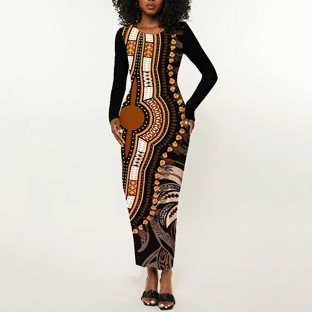 Polynesia Mixed African Dashiki Long Sleeve Bodycon Dress Afro-pacific Culture - Gold