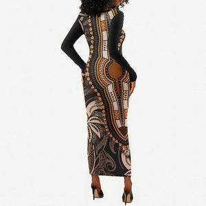 Polynesia Mixed African Dashiki Long Sleeve Bodycon Dress Afro-pacific Culture - Gold