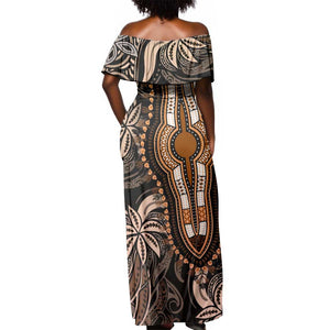 Polynesia Mixed African Dashiki Off Shoulder Maxi Dress Afro-pacific Culture - Gold