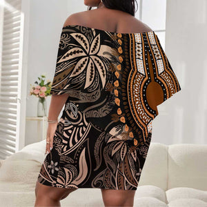 Polynesia Mixed African Dashiki Off Shoulder Short Dress Afro-pacific Culture - Gold