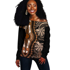 Polynesia Mixed African Dashiki Off Shoulder Sweater Afro-pacific Culture - Gold