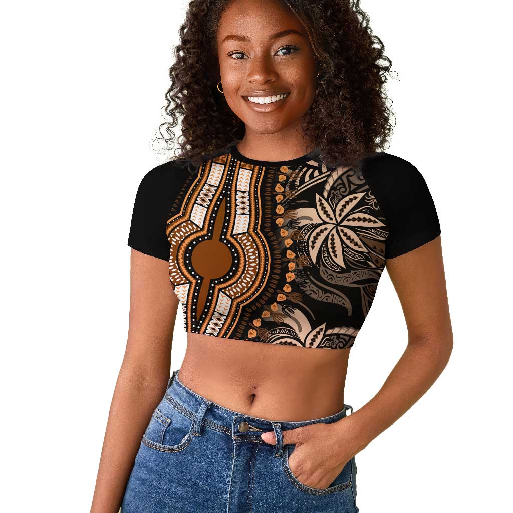 Polynesia Mixed African Dashiki Raglan Cropped T shirt Afro-pacific Culture - Gold