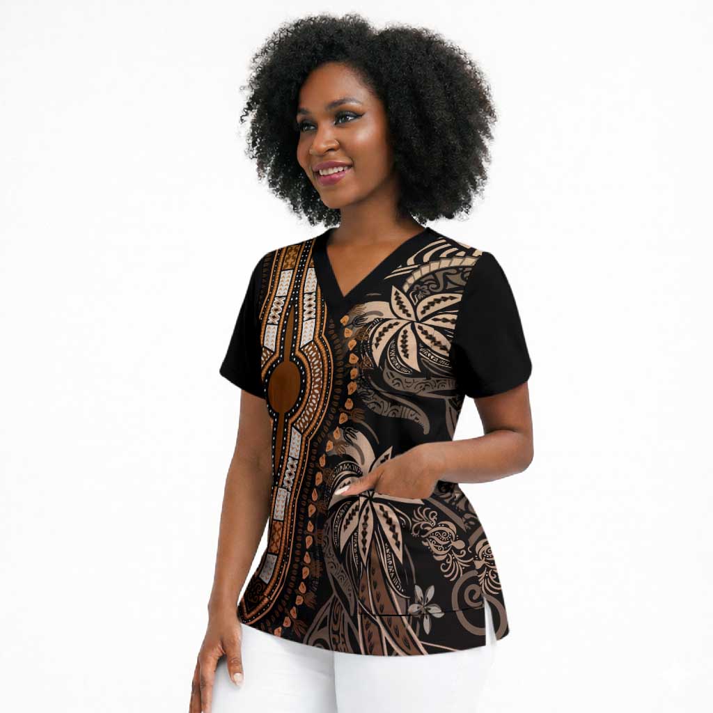 Polynesia Mixed African Dashiki Scrub Top Afro-pacific Culture - Gold
