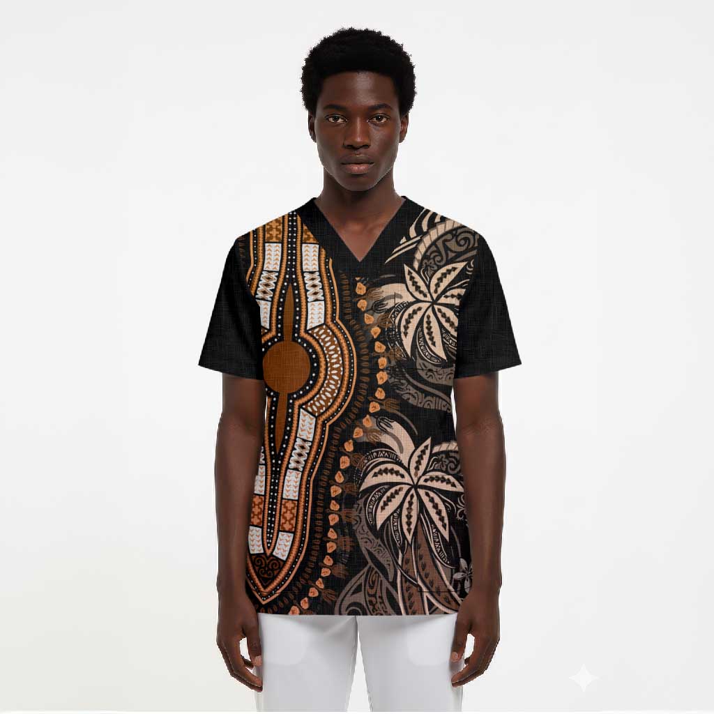 Polynesia Mixed African Dashiki Scrub Top Afro-pacific Culture - Gold