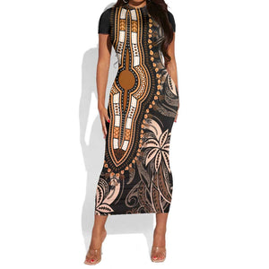 Polynesia Mixed African Dashiki Short Sleeve Bodycon Dress Afro-pacific Culture - Gold