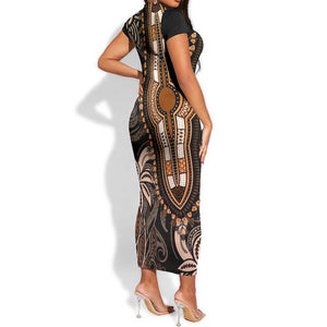 Polynesia Mixed African Dashiki Short Sleeve Bodycon Dress Afro-pacific Culture - Gold