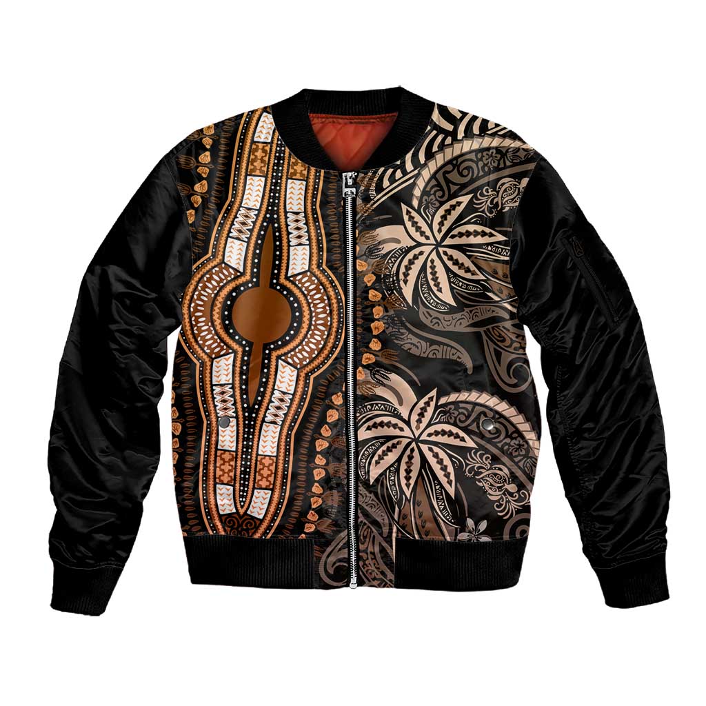 Polynesia Mixed African Dashiki Sleeve Zip Bomber Jacket Afro-pacific Culture - Gold