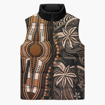 Polynesia Mixed African Dashiki Sleeveless Puffer Jacket Afro-pacific Culture - Gold