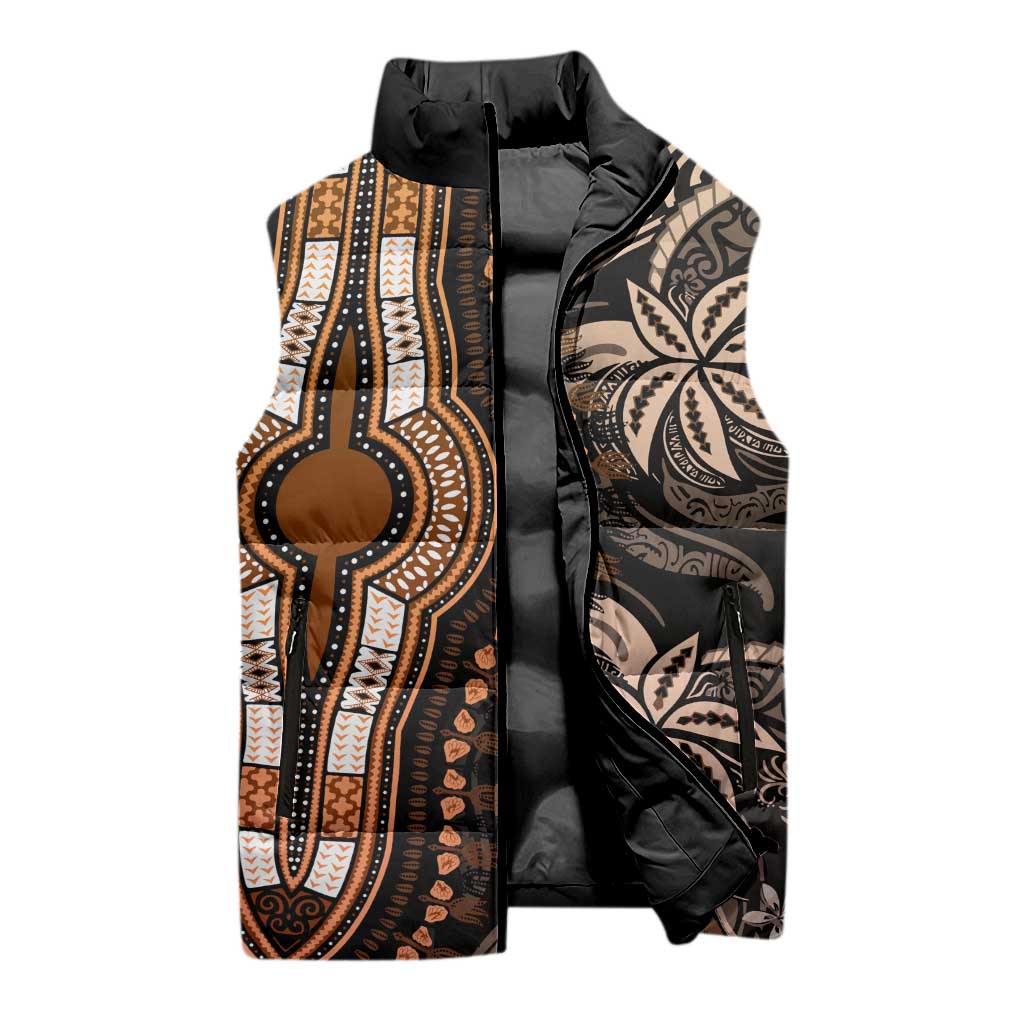 Polynesia Mixed African Dashiki Sleeveless Puffer Jacket Afro-pacific Culture - Gold