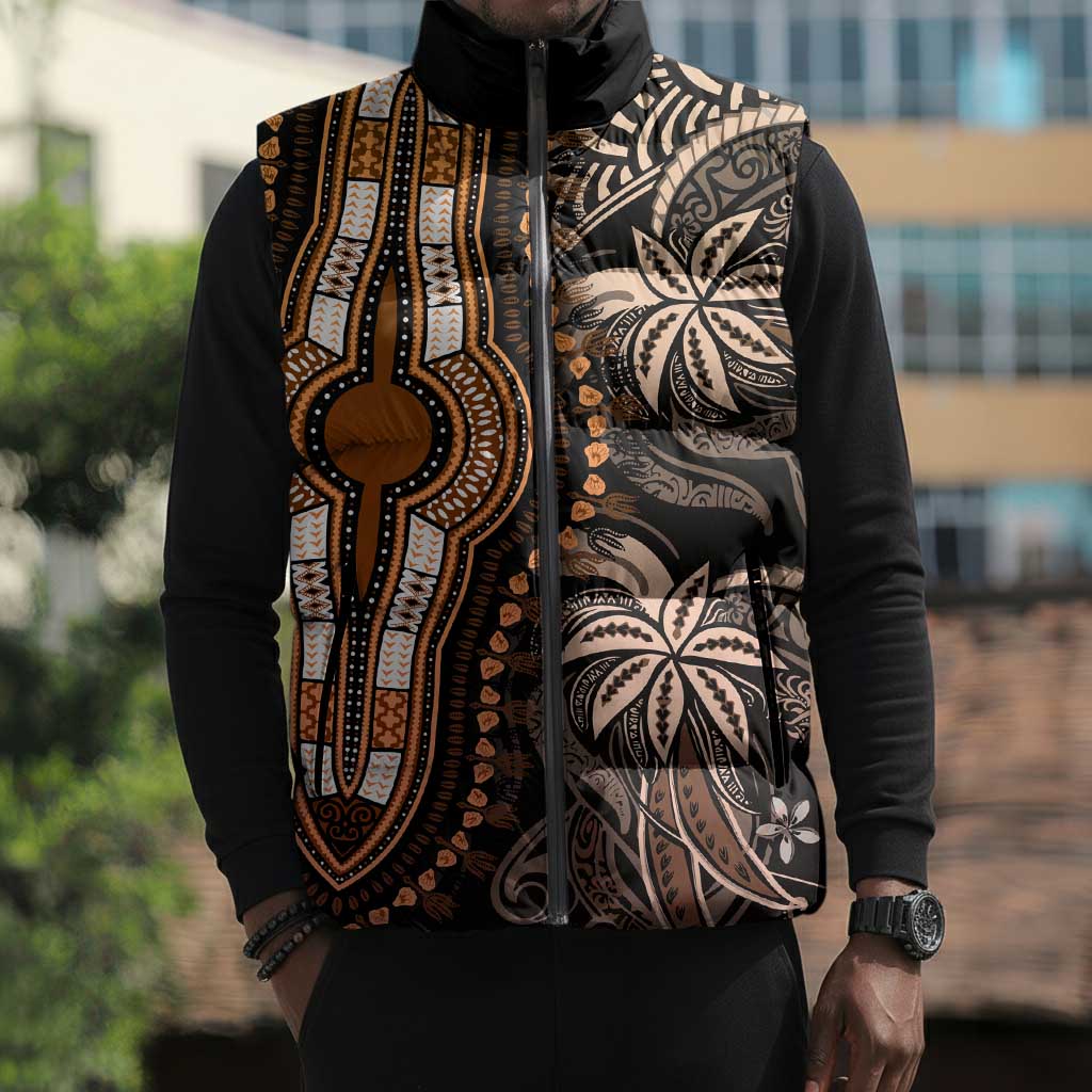Polynesia Mixed African Dashiki Sleeveless Puffer Jacket Afro-pacific Culture - Gold