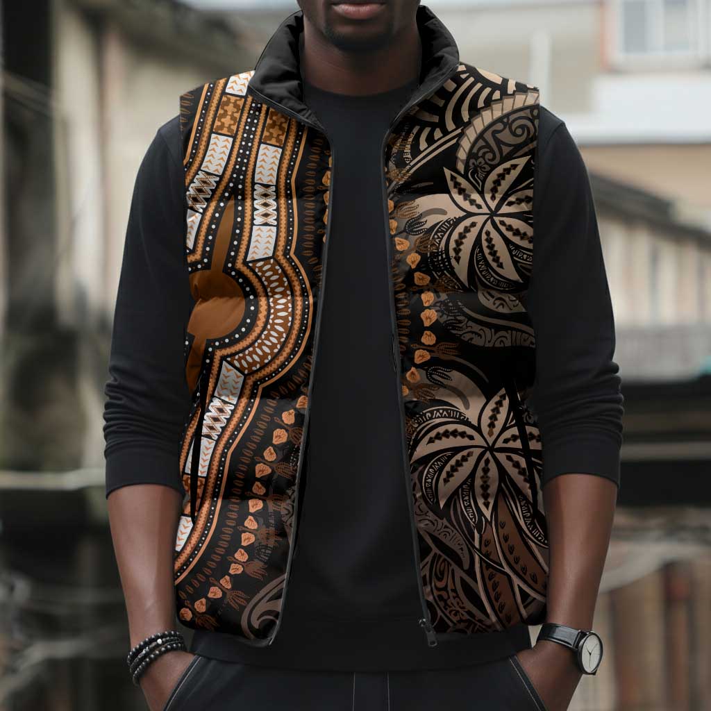 Polynesia Mixed African Dashiki Sleeveless Puffer Jacket Afro-pacific Culture - Gold