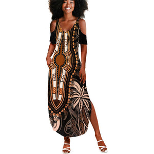 Polynesia Mixed African Dashiki Summer Maxi Dress Afro-pacific Culture - Gold