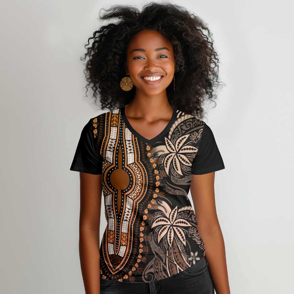 Polynesia Mixed African Dashiki Women V-Neck T-Shirt Afro-pacific Culture - Gold