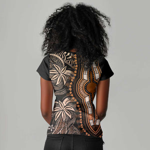 Polynesia Mixed African Dashiki Women V-Neck T-Shirt Afro-pacific Culture - Gold