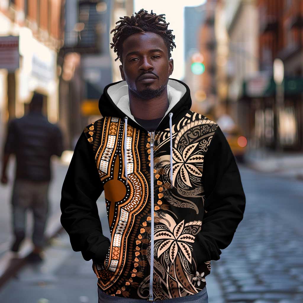 Polynesia Mixed African Dashiki Zip Hoodie Afro-pacific Culture - Gold
