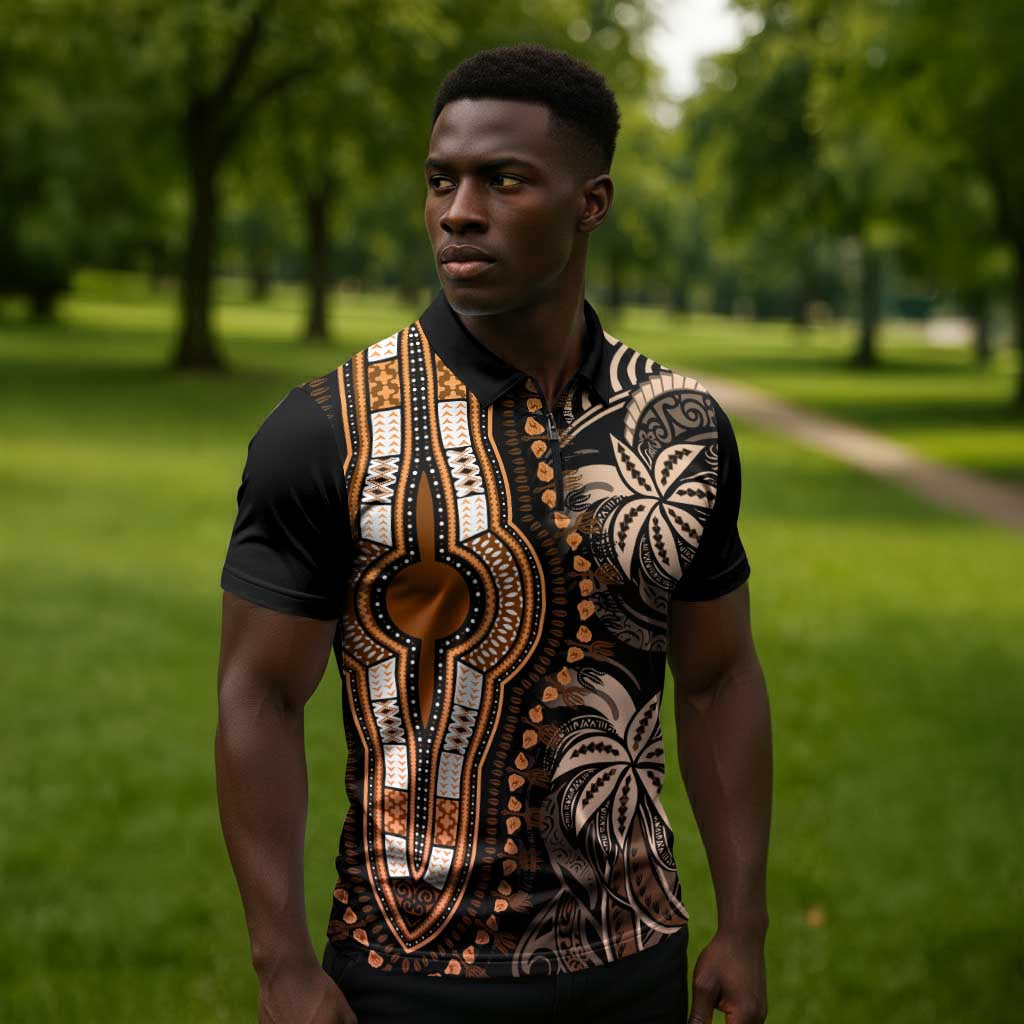 Polynesia Mixed African Dashiki Zipper Polo Shirt Afro-pacific Culture - Gold