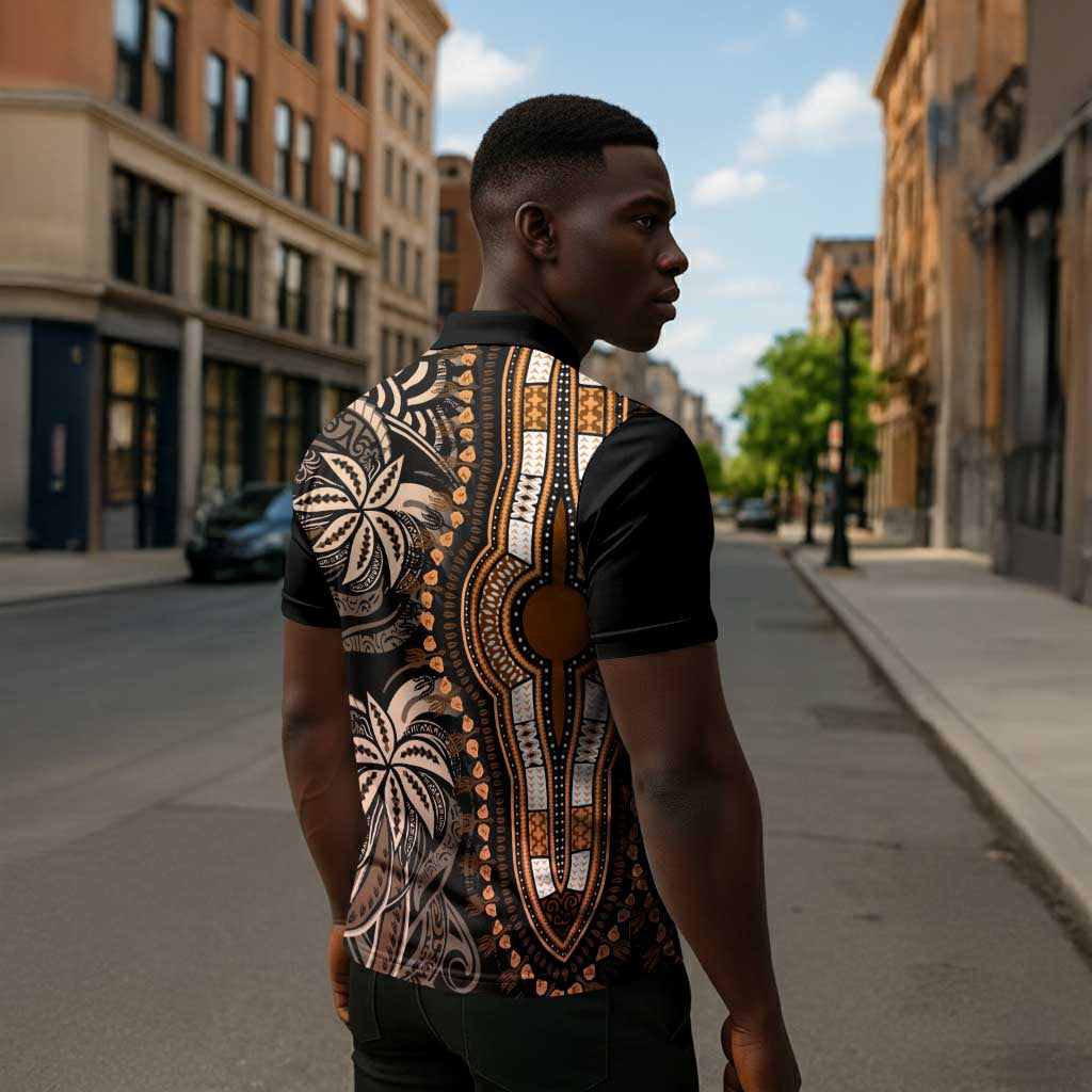 Polynesia Mixed African Dashiki Zipper Polo Shirt Afro-pacific Culture - Gold