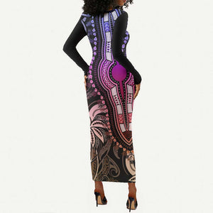 Polynesia Mixed African Dashiki Long Sleeve Bodycon Dress Afro-pacific Culture - Pastel