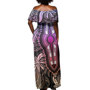 Polynesia Mixed African Dashiki Off Shoulder Maxi Dress Afro-pacific Culture - Pastel