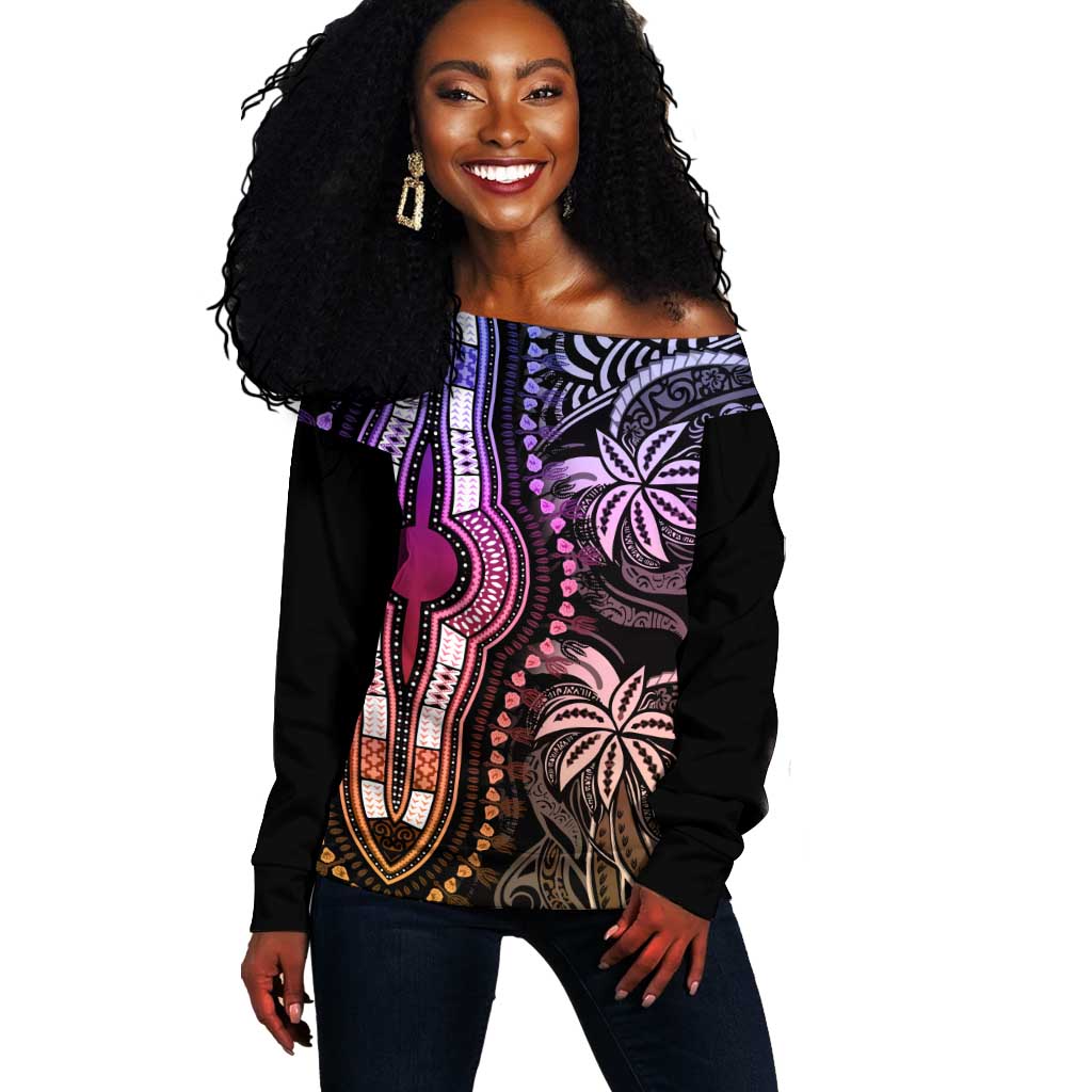 Polynesia Mixed African Dashiki Off Shoulder Sweater Afro-pacific Culture - Pastel