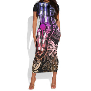 Polynesia Mixed African Dashiki Short Sleeve Bodycon Dress Afro-pacific Culture - Pastel