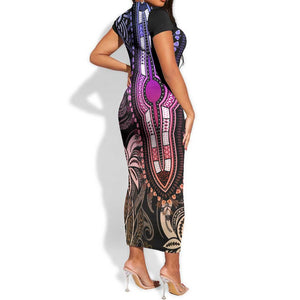 Polynesia Mixed African Dashiki Short Sleeve Bodycon Dress Afro-pacific Culture - Pastel