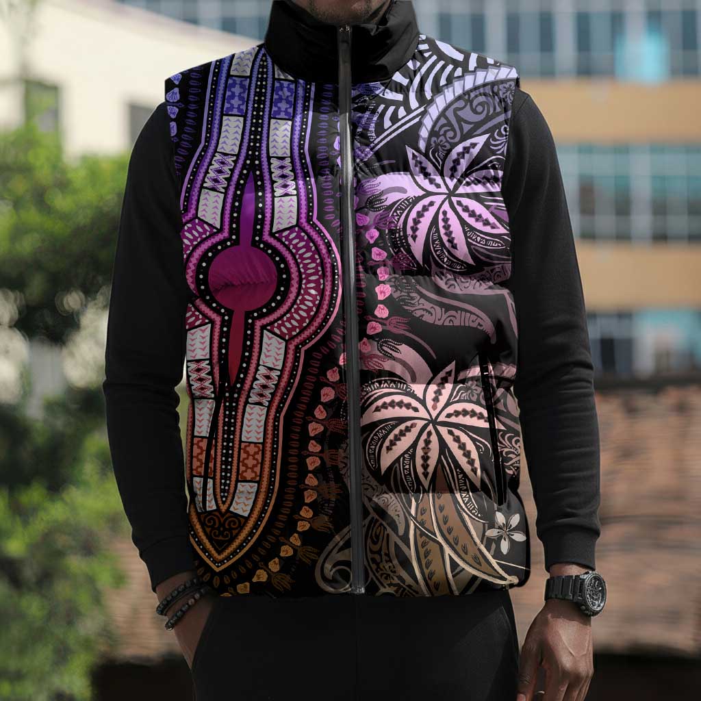 Polynesia Mixed African Dashiki Sleeveless Puffer Jacket Afro-pacific Culture - Pastel
