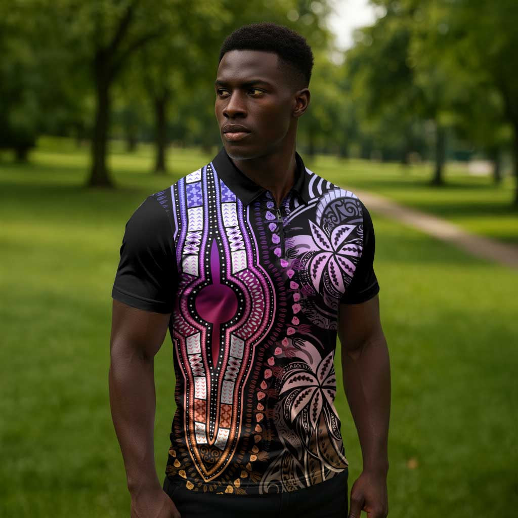 Polynesia Mixed African Dashiki Zipper Polo Shirt Afro-pacific Culture - Pastel
