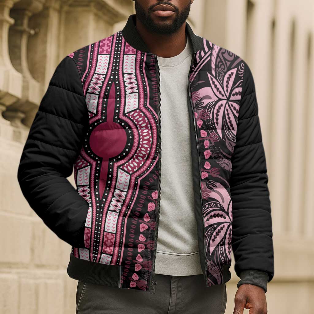Polynesia Mixed African Dashiki Bomber Puffer Jacket Afro-pacific Culture - Pink