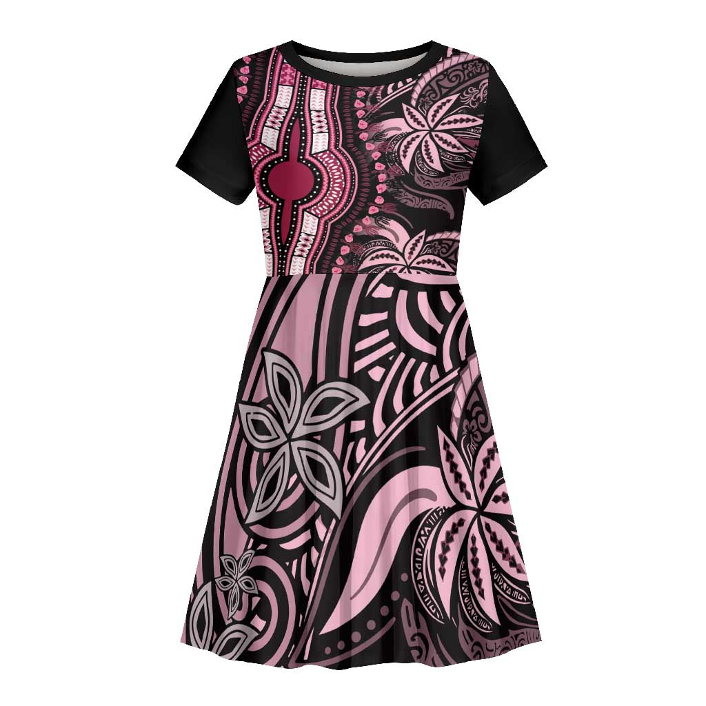 Polynesia Mixed African Dashiki Kid Short Sleeve Dress Afro-pacific Culture - Pink