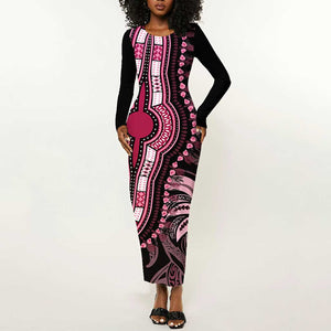 Polynesia Mixed African Dashiki Long Sleeve Bodycon Dress Afro-pacific Culture - Pink