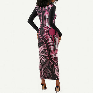 Polynesia Mixed African Dashiki Long Sleeve Bodycon Dress Afro-pacific Culture - Pink