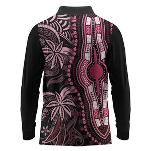 Polynesia Mixed African Dashiki Long Sleeve Polo Shirt Afro-pacific Culture - Pink