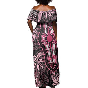 Polynesia Mixed African Dashiki Off Shoulder Maxi Dress Afro-pacific Culture - Pink