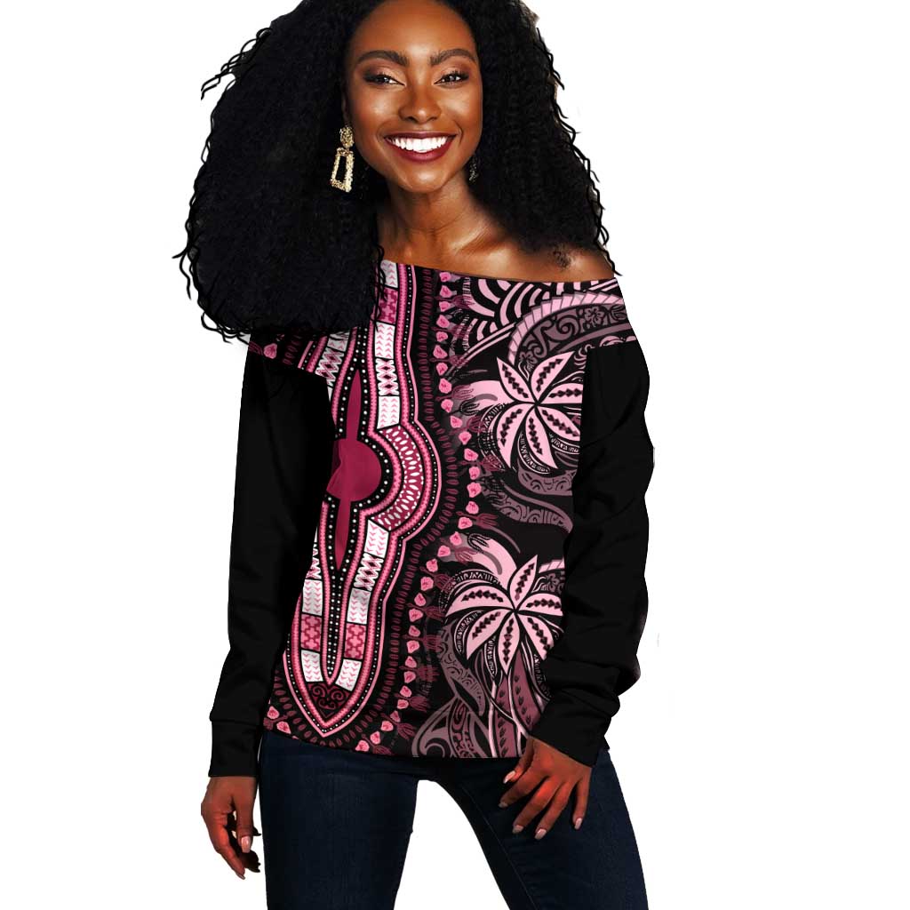 Polynesia Mixed African Dashiki Off Shoulder Sweater Afro-pacific Culture - Pink