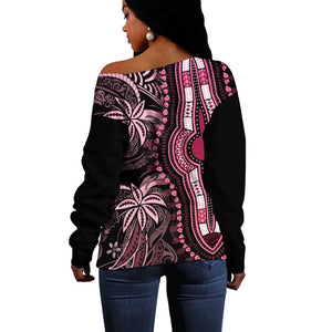 Polynesia Mixed African Dashiki Off Shoulder Sweater Afro-pacific Culture - Pink