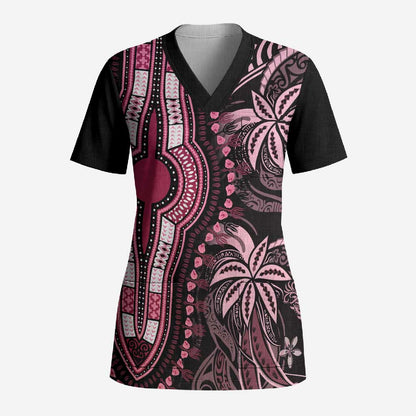 Polynesia Mixed African Dashiki Scrub Top Afro-pacific Culture - Pink