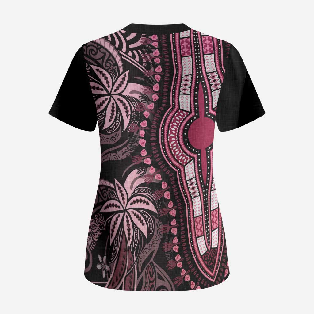Polynesia Mixed African Dashiki Scrub Top Afro-pacific Culture - Pink