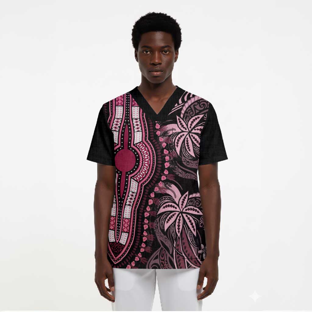 Polynesia Mixed African Dashiki Scrub Top Afro-pacific Culture - Pink