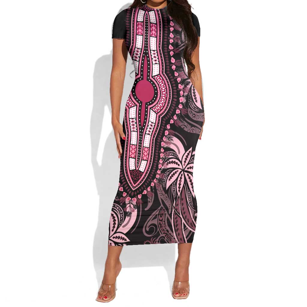 Polynesia Mixed African Dashiki Short Sleeve Bodycon Dress Afro-pacific Culture - Pink