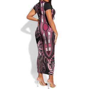 Polynesia Mixed African Dashiki Short Sleeve Bodycon Dress Afro-pacific Culture - Pink