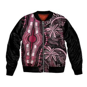 Polynesia Mixed African Dashiki Sleeve Zip Bomber Jacket Afro-pacific Culture - Pink