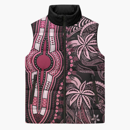 Polynesia Mixed African Dashiki Sleeveless Puffer Jacket Afro-pacific Culture - Pink