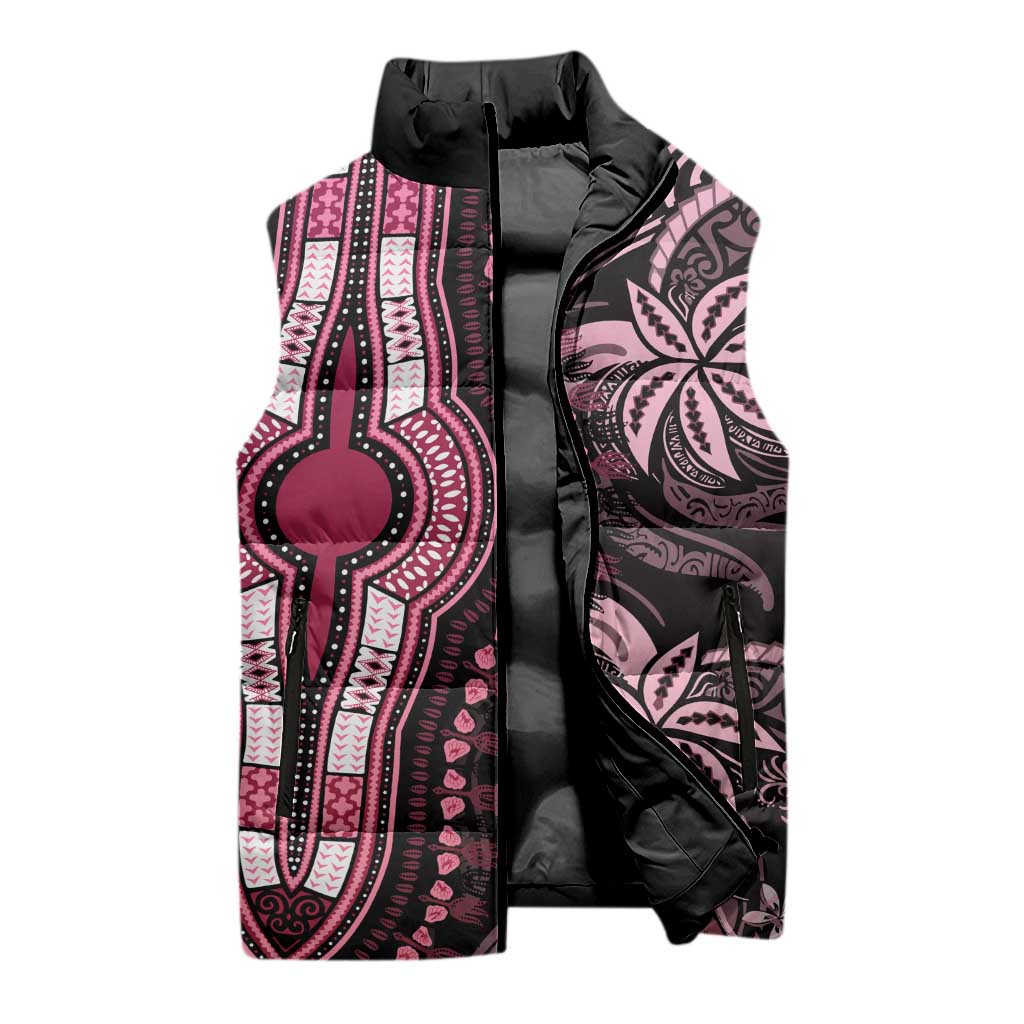 Polynesia Mixed African Dashiki Sleeveless Puffer Jacket Afro-pacific Culture - Pink