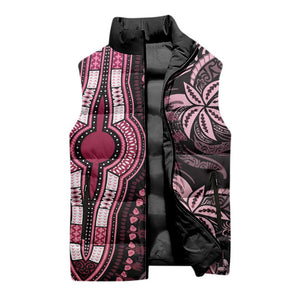 Polynesia Mixed African Dashiki Sleeveless Puffer Jacket Afro-pacific Culture - Pink