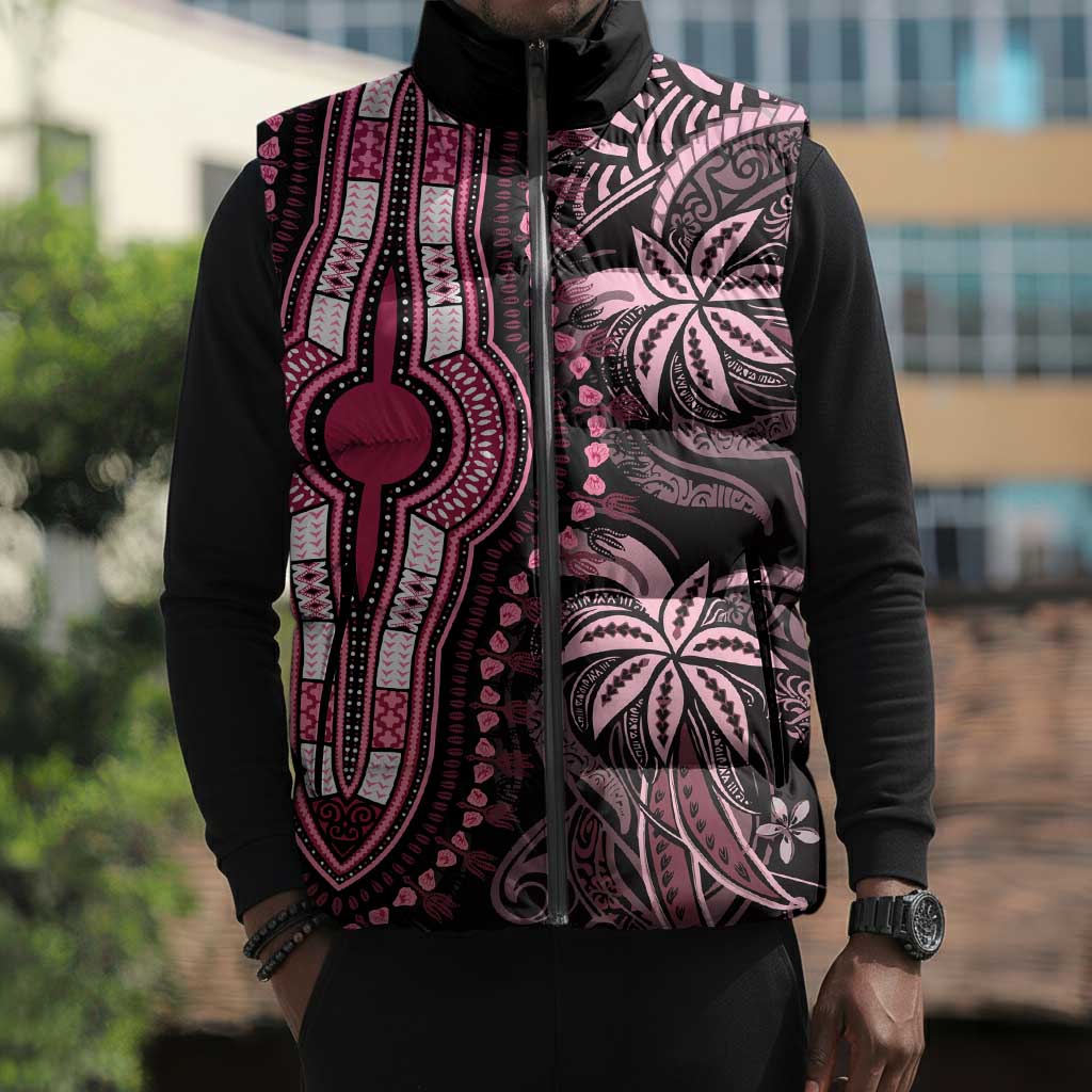 Polynesia Mixed African Dashiki Sleeveless Puffer Jacket Afro-pacific Culture - Pink